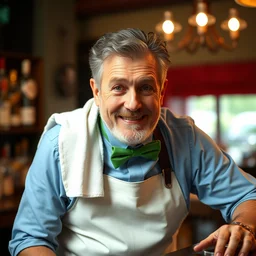 portrait photo still of real life moe szyslak wearing a white apron, powder blue shirt and green bowtie with a bar towel over his shoulder leaning over a bar, 8 k, 8 5 mm f 1. 8