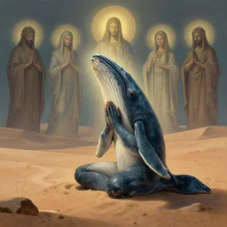 lonely anthropomorphic whale wanderer sitting at lap praying in desert, lit by the light of gods, abandoned by gods, hyperdetailed artstation cgsociety by greg rutkowski and by Gustave Dore