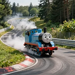 Thomas the Tank Engine at the Nurburgring Nordschleife setting a hot lap, apexing at a corner