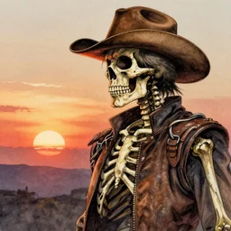portrait, A wounded skeleton cowboy watching the sunset, watercolor, dramatic lighting, cinematic, establishing shot, extremely high detail, foto realistic, cinematic lighting, pen and ink, intricate line drawings, by Yoshitaka Amano, Ruan Jia, Kentaro Miura, Artgerm, post processed, concept art, artstation, matte painting, style by eddie mendoza, raphael lacoste, alex ross