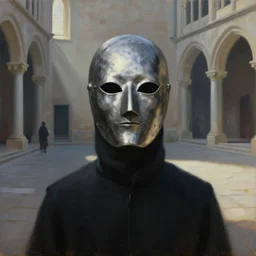 portrait of a sentinel with piercing eyes in an pewter mask, ambient courtyard, morning light, romanesque architecture, chiaroscuro, atmospheric, light cascading, minimalist, lowbrow, pop surrealism, avery palmer, mark ryden, mike davis, marion peck, camille rose garcia, todd schorr, ray caesar, greg rutkowski, grant wood, oil on canvas