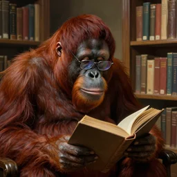 an epic matte painting of a male orangutan reading a book in a library, wearing glasses, in the style of henri matisse and algernon blackwood, highly detailed digital art