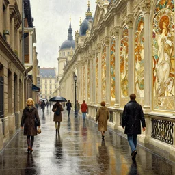 a beautifull intricate city, wet sidewalk, people, reflections, raindrops, high details, art by william turner, by greg rutkowski and by alphonse mucha, trending on artstation, extremely detailed, masterpiece