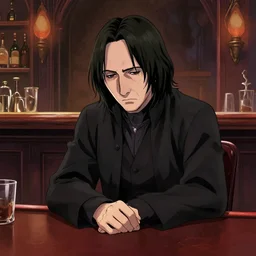 sad severus snape sitting in a bar, fantasy, concept art, artstation, disney, pixar, dreamworks, anime, tyler edlin, feng zhu, thomas karpi