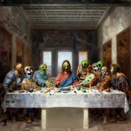 the last supper with green sentient blobs, horror, painted by leonardo da vinci