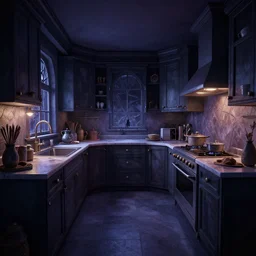 curved perspective digital art of a kitchen dark colors from Tim Burtons Nightmare Before Christmas by Petros Afshar