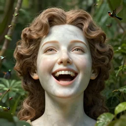 8 k uhd poser render of the face of a young woman with marble complexion, angelic features, her face framed with curls, her head raised in rapture, laughing, portrait photography, symmetrical eyes, by andrew gonzalez, background lush vegetation, insects and birds, dof narrow, 1 0 5 mm lens