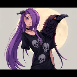 skinny girl with long purple hair and skulls on her black t - shirt standing next to a crow, pokemon anime art style, ultra detail