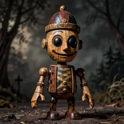 hyper realistic photography of horror ventriloquist wooden monster puppet with old carved painted head