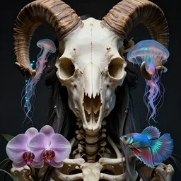 goddess close - up portrait realistic human skeleton, ram skull, jellyfish, orchid, betta fish, bioluminiscent, intricate artwork by tooth wu and wlop and beeple. octane render, trending on artstation, greg rutkowski very coherent symmetrical artwork. cinematic, hyper realism, high detail, octane render, 8 k