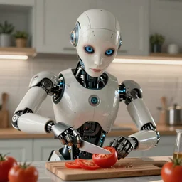 a stunning ultra detailed fantasy fine art portrait photo of a robot from ex machina movie cutting a tomato in the kitchen, by tom bagshaw, wlop and artgerm, 2 4 mm lens, golden ratio composition, shallow depth of field, perfect eyes and face, cyberpunk, soft lighting, artstation, 8 k