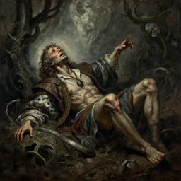 Der Tod des Vergil Herman Broch, cataclysm, dynamic lighting, deus ex machina, primeval duality, cinematic, establishing shot, extremely high detail, photo realistic, cinematic lighting, oil painting, intricate line drawings, 8k resolution