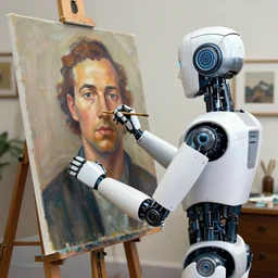 robot artist artist painting a self portrait, by john howe