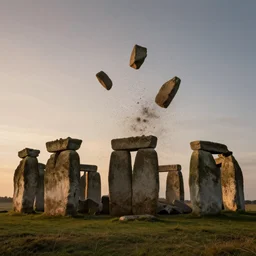 stonehenge pieces flying high in the air, dust particles, chaotic, dynamic, dusk, concept art