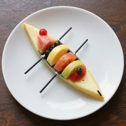 beautiful photo of a rowing boat made from fruit pieces on a white plate, dslr
