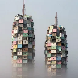 two organic looking towers, made up of makeshift squatter shacks with pastel colours, uneven light fog, dystopia, hasselblad x 1 d, fully frontal view, very detailed, photographed by jeanette hagglund