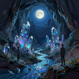 concept art by jama jurabaev and ismail inceoglu, cel shaded, cinematic shot, trending on artstation, high quality, brush stroke, vibrant colors, silent crystal cave under the moonlight, and the streams are dotted with stars
