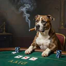 a pitbull smoking a cigar while playing poker, painting,