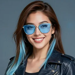 closeup painting of a very beautiful young mexican cyberpunk woman smiling, wearing light blue shades and a leather jacket, one side haircut, long brown hair with light blue ends, portrait, hyperdetailed, artstation, cgsociety, 8 k