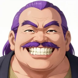 closeup upper body artwork of an obese Japanese older man with purple balding hair, purple thin mustache, and oversized teeth, anime key visual, incredibly detailed, D&D, finished concept art, digital art by Vladimir Kush, trending on Artstation