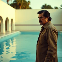 film still of viktor orban as pablo escobar, standing in an empty pool in a scene from narcos, hd, 4 k