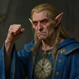 A male elf in his late 50s looks both angry and sad, wrinkled olive coloured skin and a raised Fist, long blue robes depicting clock iconography, Detailed face, highly detailed, cinematic lighting, digital art painting by greg rutkowski.