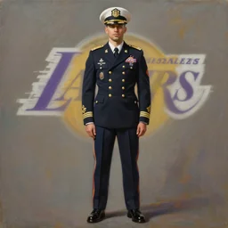 full body portrait of navy admiral, full military garb inspired by the los angeles lakers, oil on canvas by william sidney mount, 2 0 2 4, octane render