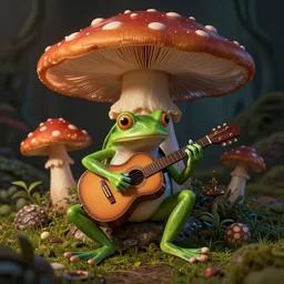a frog playing guitar on a hallucinogenic mushroom by nikolina petolas