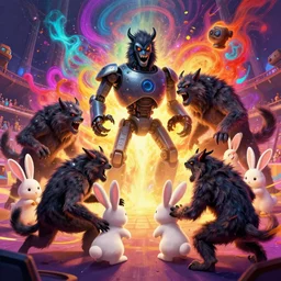 anthropomorphic evil werewolfs fighting robot bunnies in an arena with human characteristics, digital art, epic composition, fantasy, explosion of color, highly detailed, in the style of jake parker, in the style of conrad roset, swirly vibrant colors, sharp focus