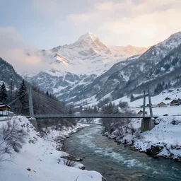 cable stayed bridge centrally suspended over river in switzerland, snow mountains, snowfall, soft light, sunrise, cinematic, high resolution, stunning shot