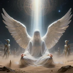 elven angel meditating in space, halo, light shafts, wisps, sandstorm, light diffusion, godly, ascending, by moebius, digital art, beautiful, sacred, holy, surreal, fantasy art, oasis, by durer, durer, fairies, surreal alien kingdom, ancient civilization, alien language, space civlization, dmt entity, machine elf, machine elves, 4d, advanced civilization, anunaki, sacred geometry, pretty face, starscape, shrouded figure, obscured face, smooth, visionary art