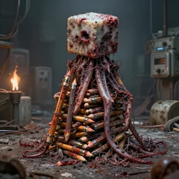 pencils of brutalist medical, flayed elder ruin stacked, tiered, dead god, unsymmetrical, horror squid cube colossus, distant surrounding med equipment, abandoned filthy, chemical burns, rusted, macerated, eviscerated by fimbria wires, by v finlay, wayne d barlowe, stefano tamburini, geof darrow, torch light,