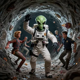 an evil alien astronaut dressed as a border patrol officer enters a quantum wormhole. dark dance photography, dynamic dance photography, alebrijes aesthetic, gary baseman, dan mumford, pedro correa, jon macnair, surreal object photography, closeup, intricate detailed, looking straight into camera