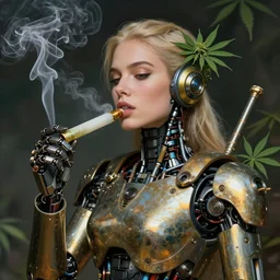 cannabis powered mech robot character smokes a cannabis blunt joint, modern propaganda