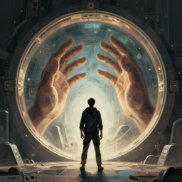 An ultra detailed digital illustration of a figure standing infront of a portal. Inside the portal two enormous hands emerge, art by robbie trevino, trending on artstation, epic scale, epic composition,