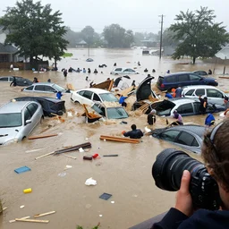 a catastrophic flood with crowds being swept away and crashing into floating cars and floating debris, wood planks, small containers and trash everywhere, katrina, reporter, live footage, wide angle view, photographic, 3 5 mm lens, rainy day, droplets on lens
