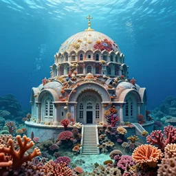 a beautiful digital illustration of a domed underwater city on a vibrant coral reef by beeple | Byzantine architecture, made of coral | cinematic | unreal engine | octane | photorealistic |