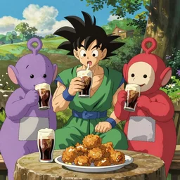 piccolo, goku and teletubbies drinking guinness and eating fried chicken by makoto shinkai