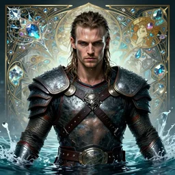 portrait of a young handsome cyberpunk viking man wearing a warrior armor, drenched body, wet dripping hair, emerging from the water, fantasy, regal, fractal crystal, fractal gems, by stanley artgerm lau, greg rutkowski, thomas kindkade, alphonse mucha, loish, norman rockwell.