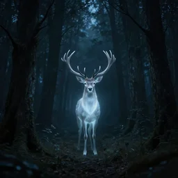 of a Forest (dark, ominous) at night Deer (Spirit, glowing, centralized) Highly detailed, fantasy art