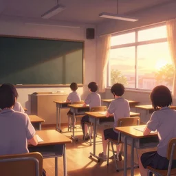 visual novel classroom background, highly detailed, sunset