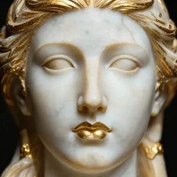 close up of face of art deco marble sculpture, gold plated, official versace editorial, highly detailed