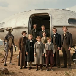 sharp, 70mm still from a sci fi blockbuster color movie made in 2022, set in 1860, of a family leaving a spaceship, that has just landed on an alien landscape, a humanoid alien creature stands nearby, the family are wearing 1850s era clothes, 4k, extremely good quality lighting, good quality photography, a list cast, famous actors, famous actresses, oscar winner