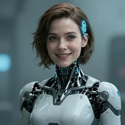 scifi emilia clarke looks like ghost in the shell, extremely high detail, smiling woman, cyborg, photorealism, sony a 7 r