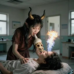 a 1 8 6 0 photo with flash of an ancient demon - girl devouring a human soul on an abandoned hospital