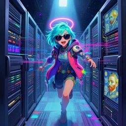 an angelic hacker with turquoise hair in vast cyberspace glitching through a vulnerable server, wearing sunglasses, wearing a neon halo, futuristic clothes, vibrant colors, rule of thirds, spotlight, drips of paint, expressive, passionate, by greg rutkowski, by jeremy mann, by francoise nielly, by van gogh, digital painting