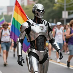 unbelievably realistic unreal render ED-209 at the Gay Pride Parade, rainbow flag