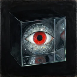the omnious black box with the scarlet all-seing eye, painting by max ernst, glassy reflections, nacre texture