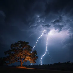 lightning strike on tree, tree glowing with lightning, storm, thunder, night theme, dramatic clouds, highly detailed, high render