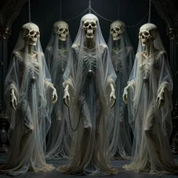 creepy levitating skull ghosts with chains and long beautiful flowing translucent cloth, symmetrical, cursed faces, occult, dim lighting, incredibly detailed and intricate, elegant, melancholic, immaculate, forgotten, cinematic, hyper-realistic, matte painting, enhanced, 8k, Beksinski